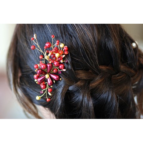 Peigne à chignon fleurs bordeaux rouges et fils dorés